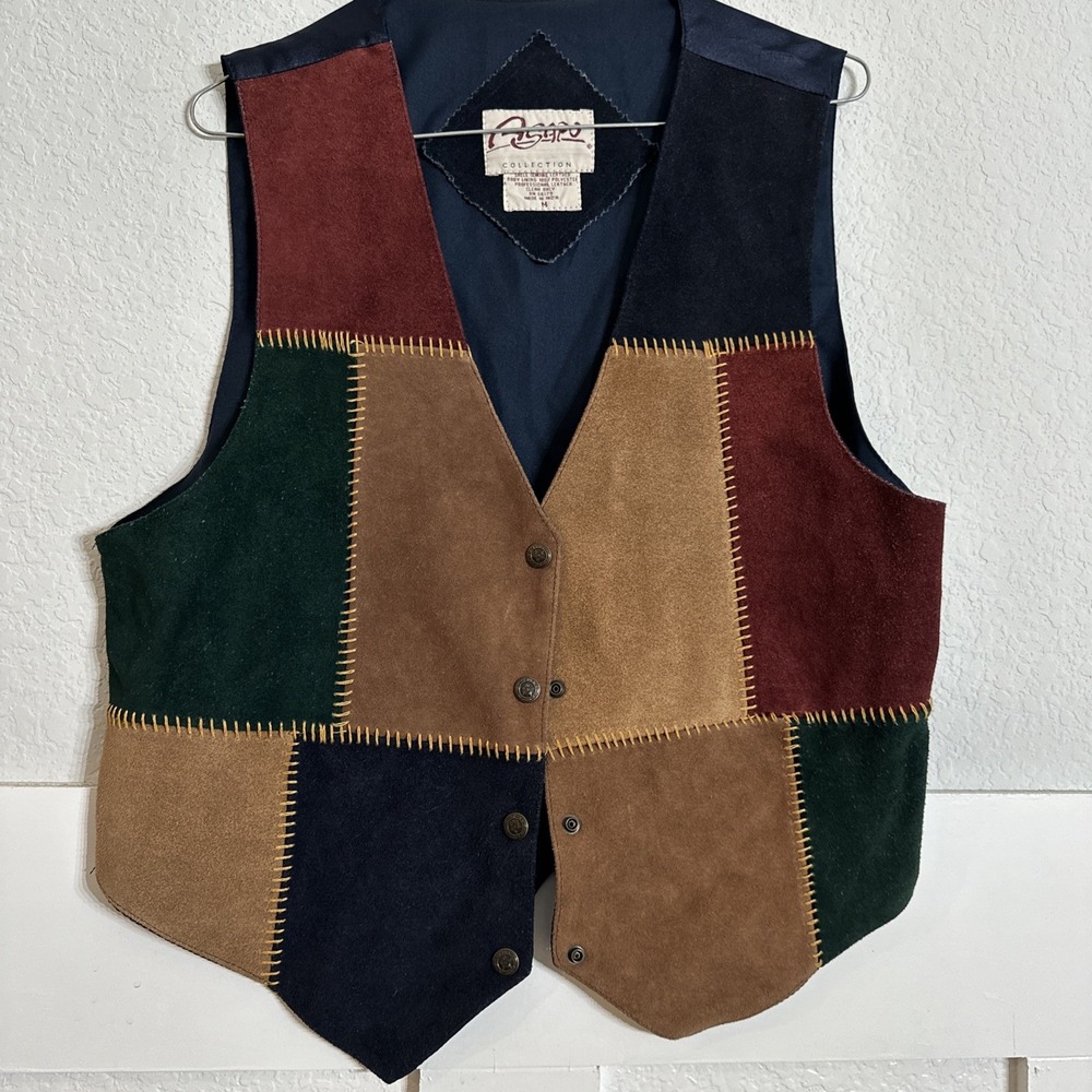Western Patchwork Brown Navy Green Suede Vest with Snap Front - Agapo Collection